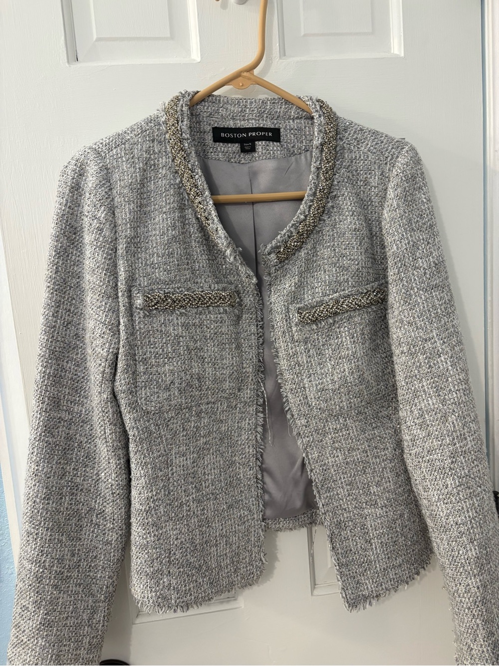 Boston Proper Light Gray Tweed Collarless Blazer